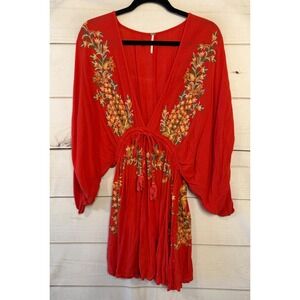 Free People Red Embroidered V Neck Tassel Tie Mini Dress Boho Festival Size S